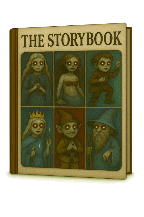 A storybook with scary images of fairy tale characters